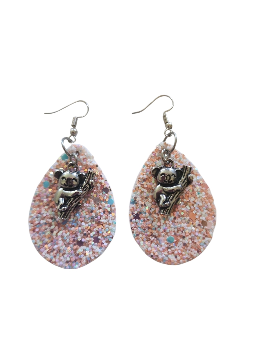 (3)Sparkling Peach Teardrop Earrings with Silver Koala Charms